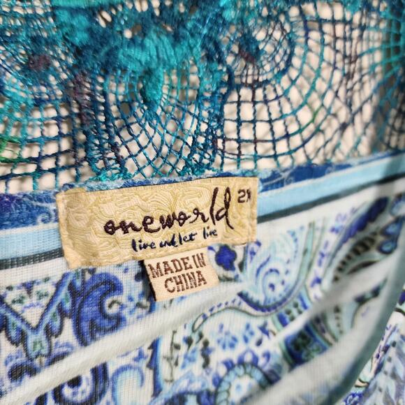 Emerald colorful floral print shark bite hem crochet back blouse woman's size 2X - Picture 3 of 10